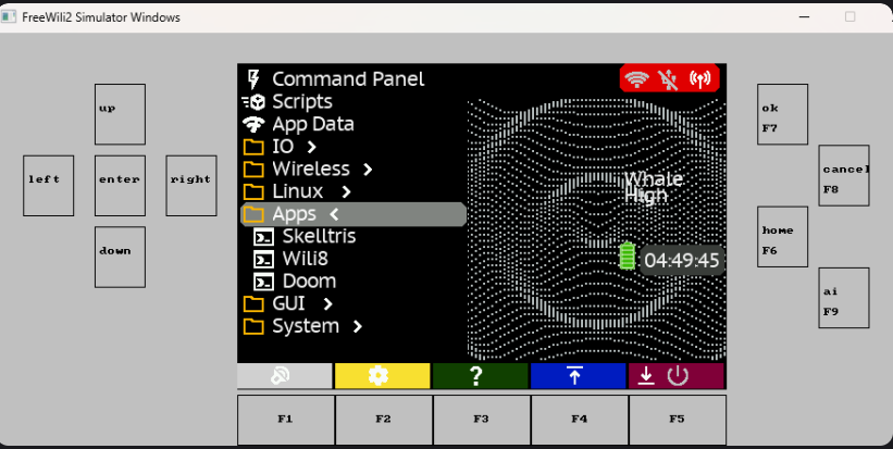 FreeWili2 simulator showing the command panel and power UI